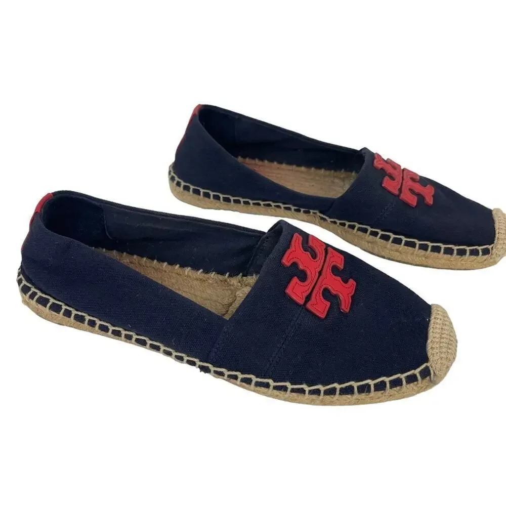 TORY BURCH Weston Navy Red Canvas Slip On Flat Espadrille Sandals Size 8M